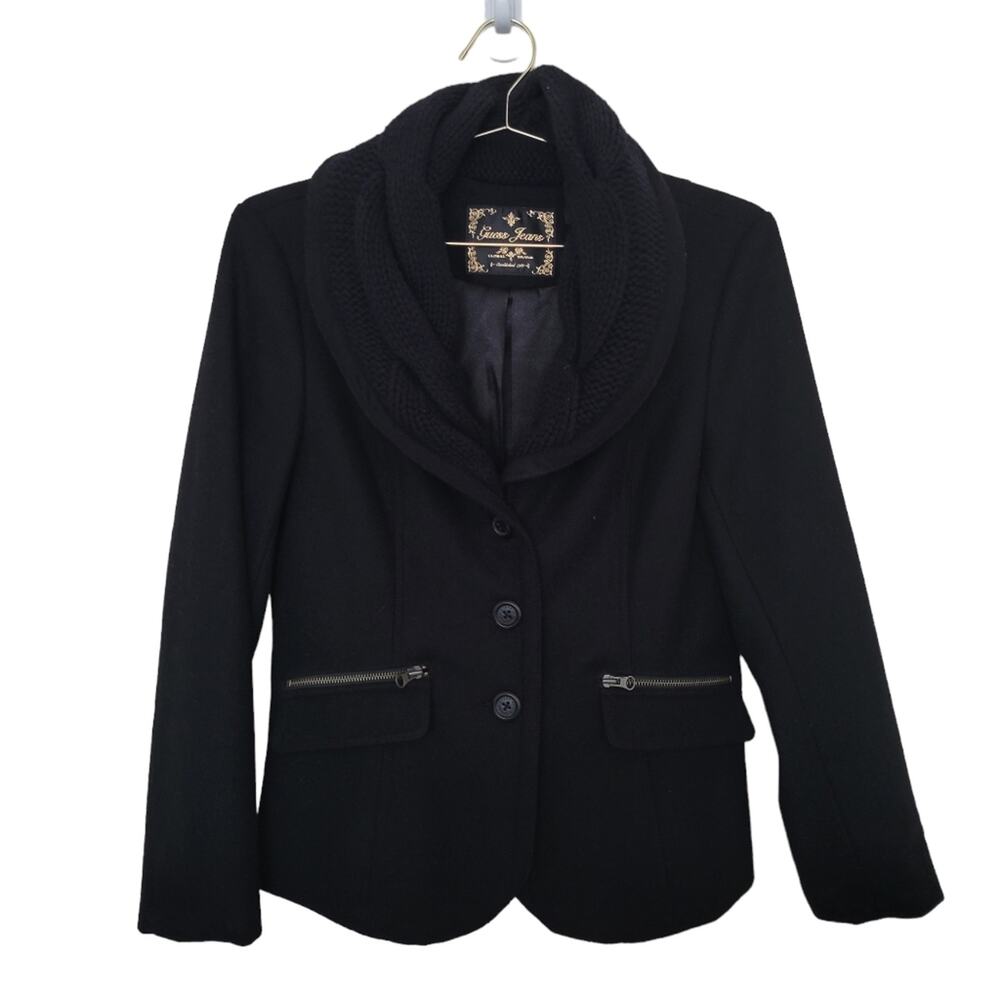 Guess Black Pea Coat with Knit Collar